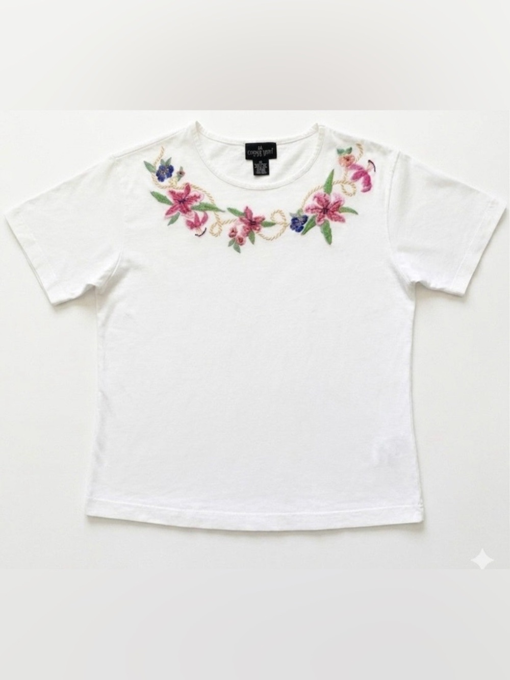 Vintage Carole Little Shirt colorful floral embroidery around neck Size M